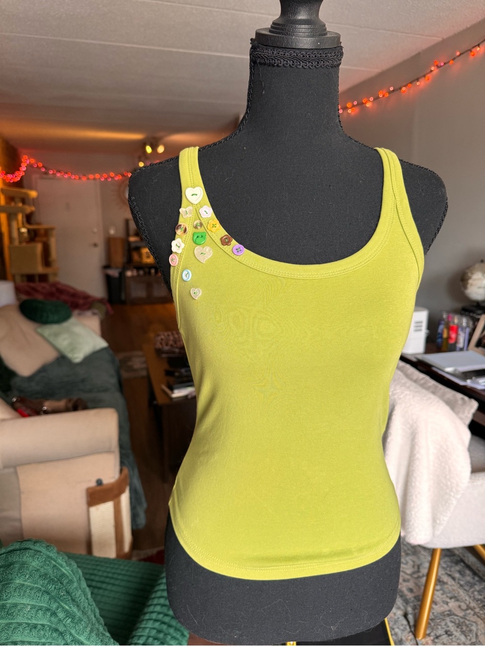 Lime Green Tank Top with Embellished Buttons - Women